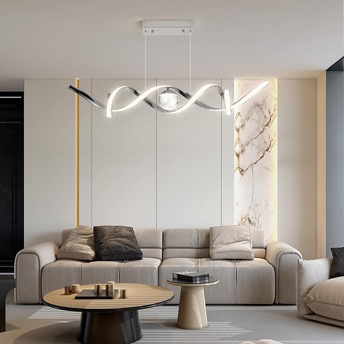 LED Modern Chandeliers for Dining Room, 39in Dimmable Chrome Chandelier Kitchen Pendant Lighting Over Island, Linear Wave Spiral Pendant Light Fixtures Dining Room Lights Ceiling Hanging, 36W