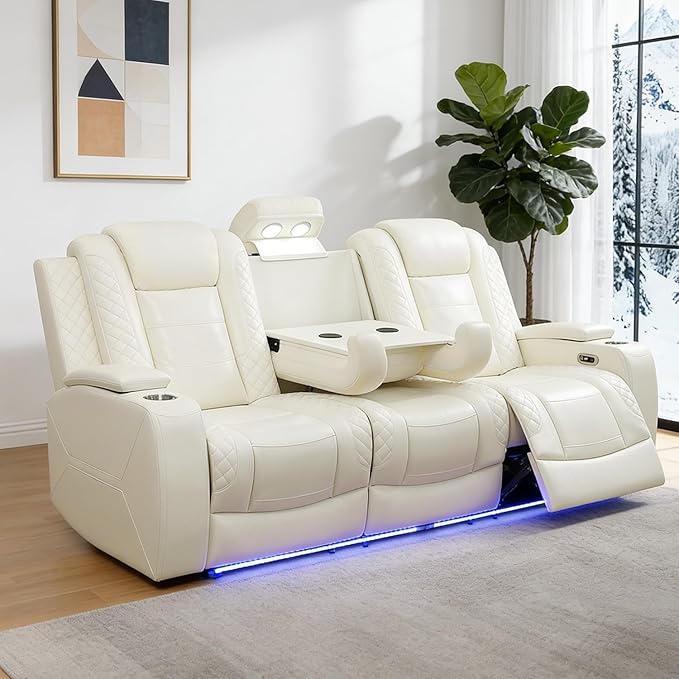 Power Reclining Sofa Set for Living Room, Leather Recliner Couch with Drop-Down Table, Power Pads, Reading Lights for House/Home Teather(3 Seater Sofa, Cream)