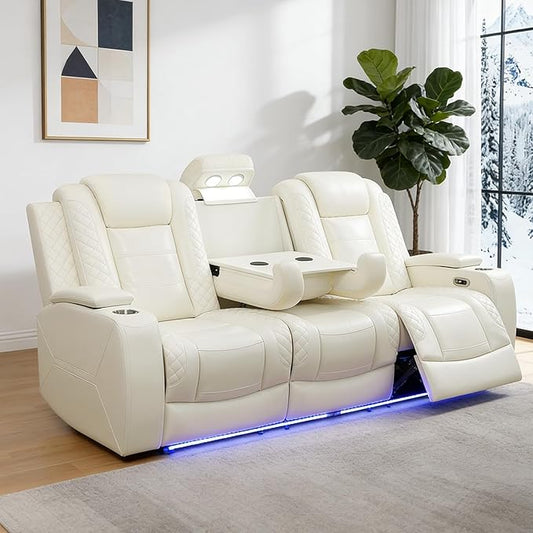 Power Reclining Sofa Set for Living Room, Leather Recliner Couch with Drop-Down Table, Power Pads, Reading Lights for House/Home Teather(3 Seater Sofa, Cream)