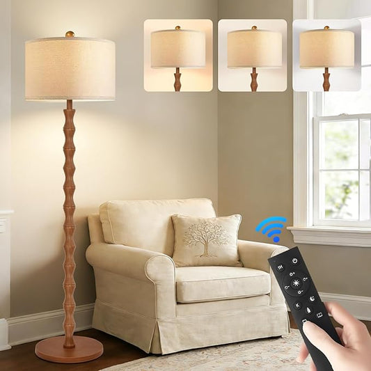 Wood Floor Lamp with 3 Color Temperatures,Boho Floor Lamp with Remote Control,Dimmable LED Floor Lamp Mid Century Modern Standing Lamp Farmhouse Tall Pole Lamp for Living Room Bedroom