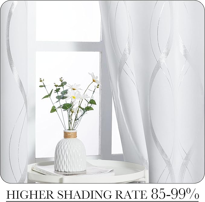 NICETOWN Greyish White Blackout Curtains for Bedroom, Microfiber Noise Reducing Thermal Insulated Wave Line Foil Print Design Blackout Curtains for Office, Classroom (2 Panels, 52 x 45 Inch)