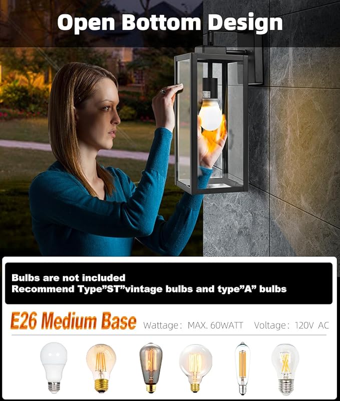 Large Size Outdoor Wall Lantern, 18 Inch Outdoor Light, Large Porch Light, Metal and Glass Outdoor Lantern Wall Light Fixture with E26 Socket, 1 Pack