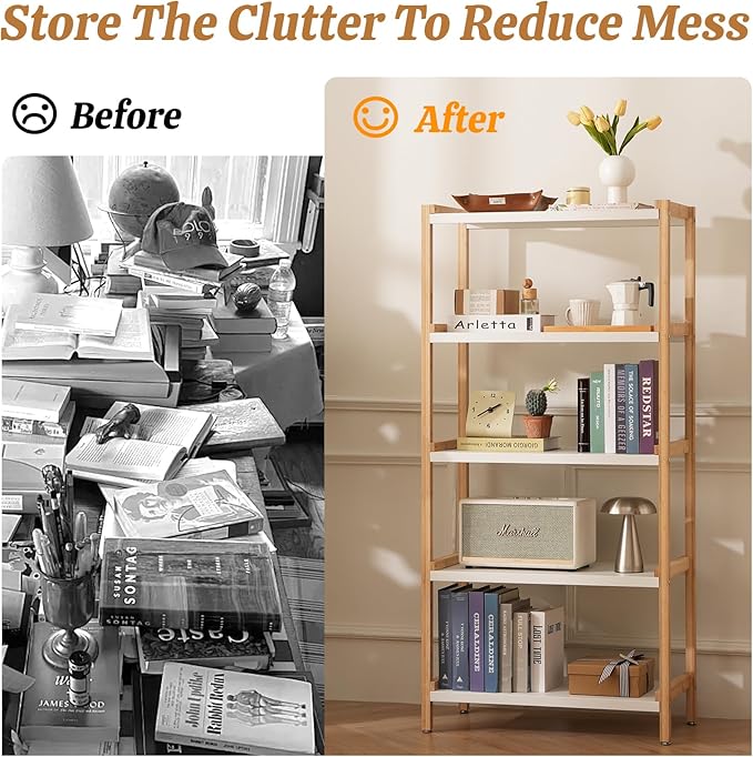 5 Tier Book Shelf- Bamboo Bookcase with Storage, Industrial Bookshelf & Wooden Open Shelves, Modern Bookshelves for Living Room, Bedroom, Office, Natural White