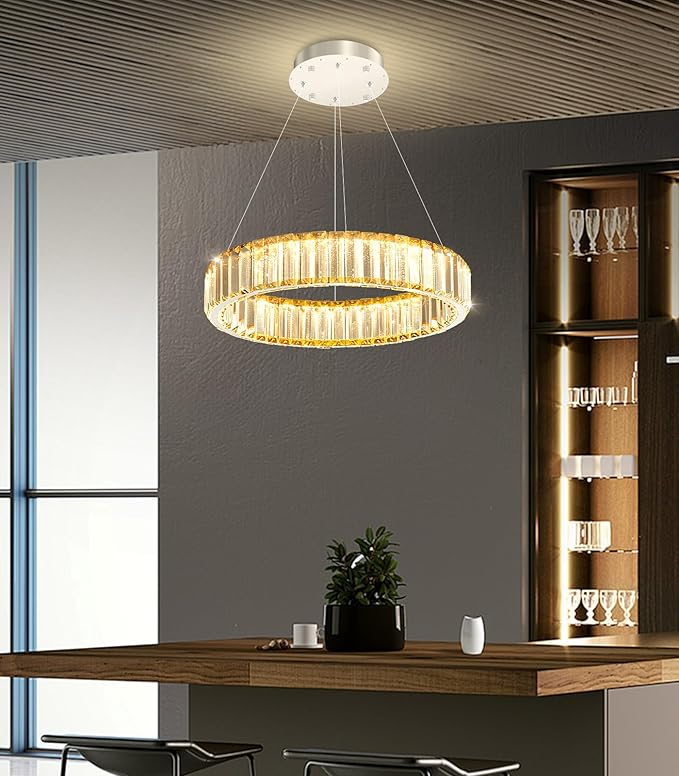 8'' Modern Ring Chandelier Crystal Chandeliers for Dining Room Round LED Dimmable Ceiling Light Fixture for Living Room Bedroom Lighting Silver