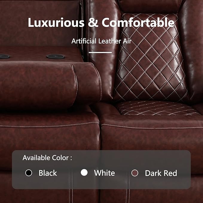 Power Recliner Sofa and 2 Chairs, Air Leather Reclining Set with LED/Cup Holders/Storage, 3 Pieces Reclining Living Room Furniture, Burgundy Leather Couches for House/Apartment/Office