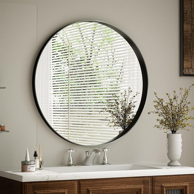 VooBang 24 inch Round Bathroom Mirror, Balck Modern Circle Wall Mounted Mirror with Gorgeous Circular Deep Frame for Bathroom, Living Room, Bedroom, Hanging or Leaning