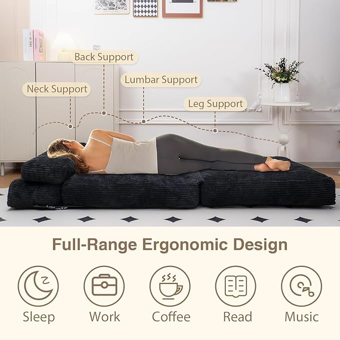 Folding Sofa Bed, Folding Chair Bed with Pillow, Convertible Lazy Sofa Bed with High-Density Support Foam, Fold Out Chair for Small Spaces Living Room Bedroom, Black