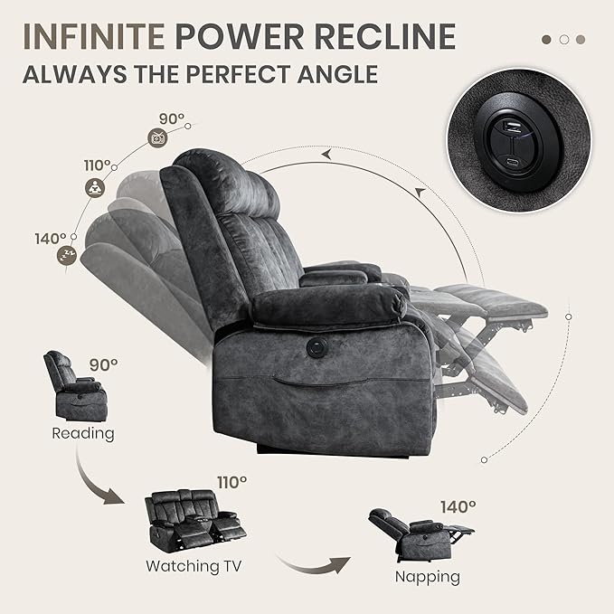 Power Reclining Loveseat with Heat & Massage, Dual Recliner Sofa with Console, Cup Holders, USB & Type-C Ports, 2 Seater Electric Reclining Couch for Living Room, RV (Grey, 2 Seat)