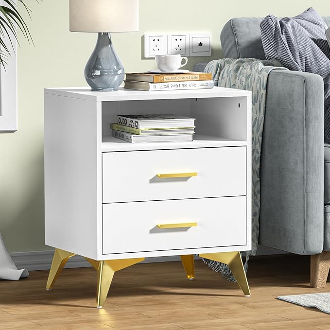 Giluta White Night Stand with 2 Drawers,15.75" D x 19.7" W x 24" H Modern Nightstand for Bedroom, Bedside Table Organizer with Storage