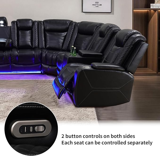 Power Recliner Sofa Sectional Couches with LED Light,Leather Reclining Corner Sectional Sofa with 2 Recliner Seats,Cup Holders,Storage Console for Living Room，Black