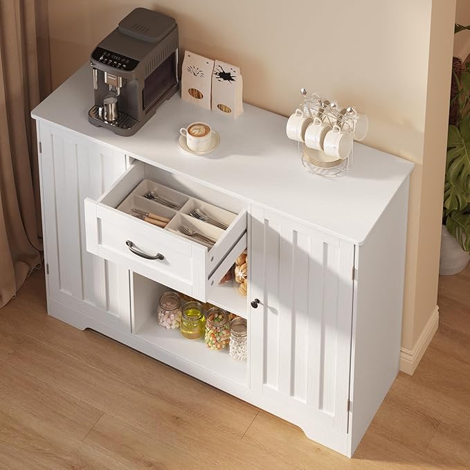 Gizoon Kitchen Sideboard Buffet Cabinet with Storage Coffee Bar Cabinet with Drawer, Kitchen Pantry Storage with Door and Shelves for Bathroom and Living Room, White