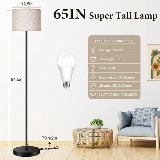 TOBUSA Floor Lamp for Living Room Bedroom with 3CCT LED Bulb, Modern Standing Lamp Drum Shade, 65’’ Tall with Foot Switch Black Pole, Dimmable Simple Design Stand Up Lamp for Home Office Reading