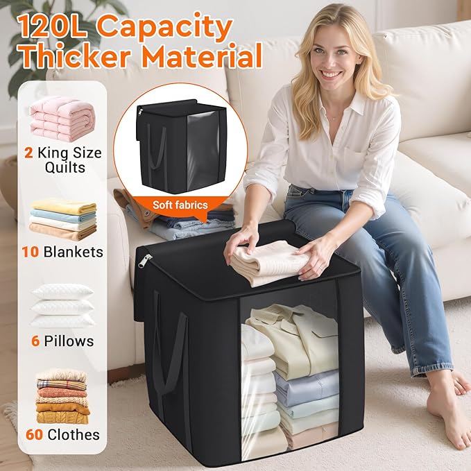 120L Extra Large Clothes Storage Bags, Foldable Blanket Storage and Organization, Thick Fabric Containers with Reinforced Handles & Zippers for Clothing, Comforters, Bedding, Black, 2 Pack