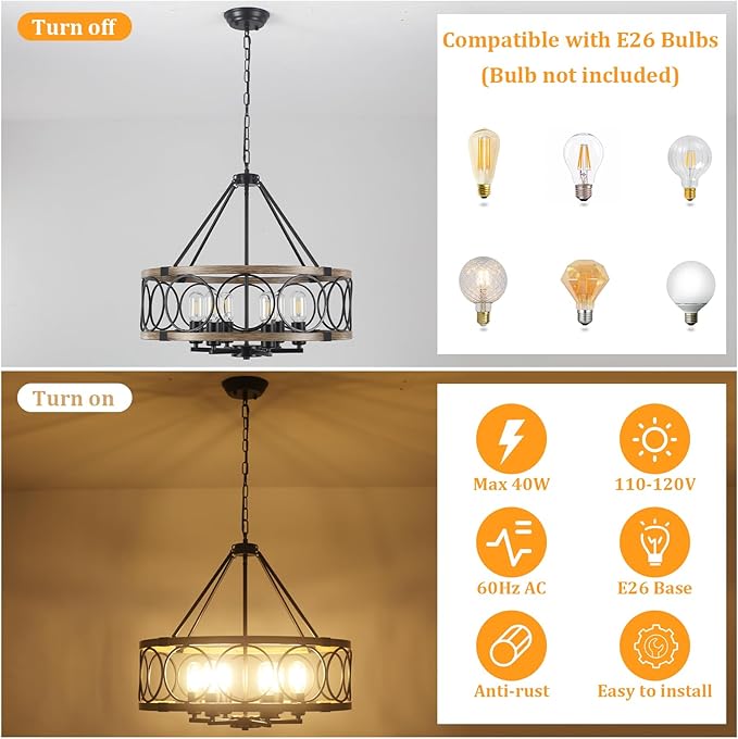 6-Light Farmhouse Chandelier for Dining Room,21'' Black Rustic Industrial Drum Chandeliers Imitation Wood Grain Pendant Light Fixture for Kitchen Island Entryway Foyer Bedroom Hallway,E26 Metal