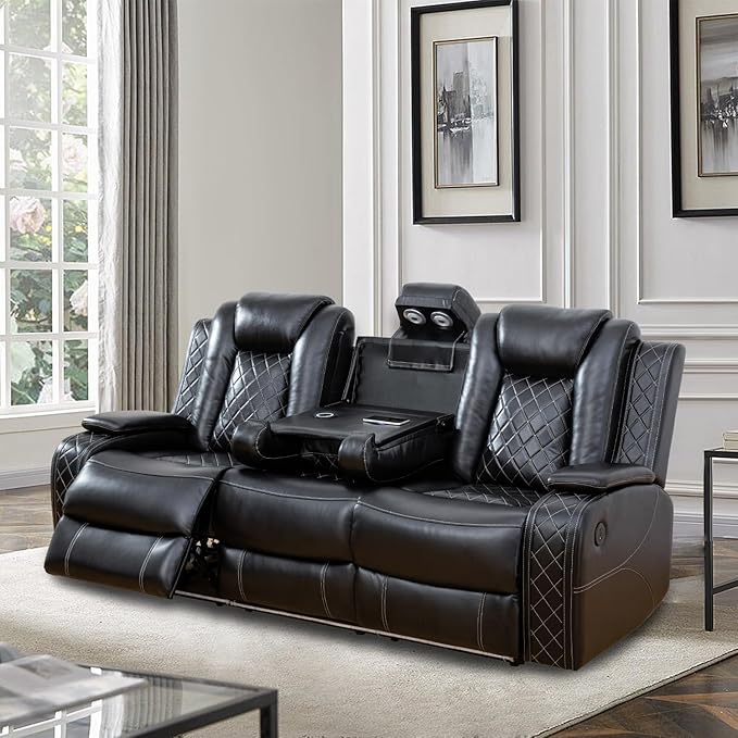 Power Recliner Sofa, Air Leather Reclining Couch with LED/Storage, 3-Seater Reclining Sofa, Black Leather Couch for House/Apartment/Office