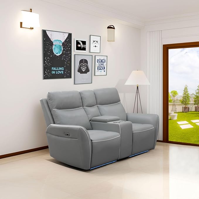 Power Reclining Loveseat for Living Room, Air Leather Recliner Couch with Storage Console, Cup Holders, LED Lighting&USB Charging Port for Home Theater RV (Light Grey)