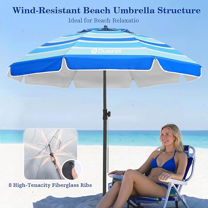 Duerer 8.5FT Beach Umbrella with Sand Anchor–Heavy Duty Windproof UPF 50+ Sun Shade, Portable Travel Beach Umbrella with Tilt & Carry Bag for Beach, Sand, Garden, Patio, Pool