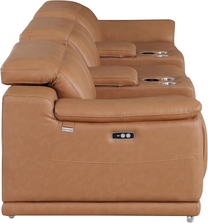 BlackJack Furniture Venice Top Grain Italian Leather Power Recline 5 Piece Sofa - 134" Theater Seating Modern Couch for Living Room Apartment Lounge Home with Adjustable Headrests & USB Port, Cognac