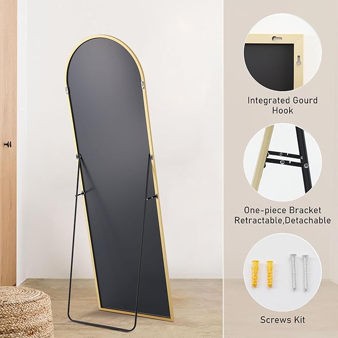 OLIXIS Arched Full Length Mirror for Bedroom, 68"x26" Full Body Mirror with Stand, Hanging or Leaning for Wall, Aluminum Alloy Thin Frame Floor Standing for Living Room, Long, Gold