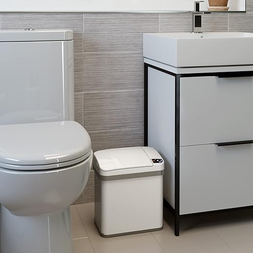 iTouchless 2.5 Gallon Bathroom Trash Can with Odor Control, 10 L Automatic Motion Sensor Bin, Soft-Close Stainless Steel, Slim Wastebasket for Narrow Spaces, White