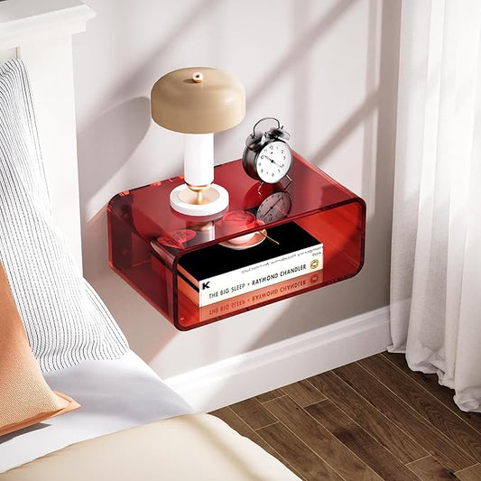 Acrylic Floating Nightstand, Bedside Table, Nightstand Shelf Wall Mounted Bedside Shelf (Red, Small)