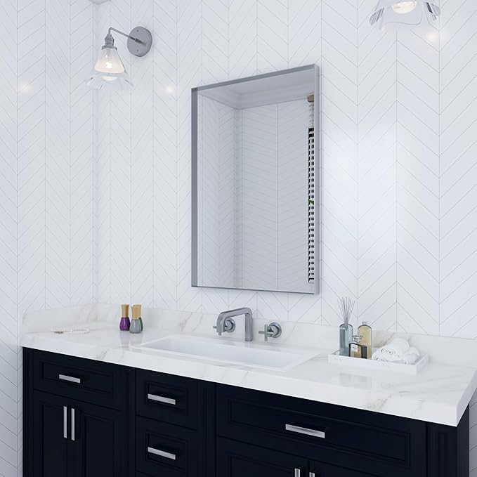 VocalStar Silver Bathroom Mirror for Wall, 24 x 32 Inch Square Corner Rectangle Nickel Metal Framed Bathroom Vanity Mirrors, 1/4-inch Shatterproof Glass | Ultra-Flush Hanging
