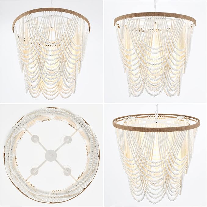 26” Boho Wood Beaded Chandelier Rustic Farmhouse Pendant Light 4-Lights Large Coastal Chandelier for Living Room Dining Room Foyer Entryway Bedroom, Oak White, E26, UL Listed