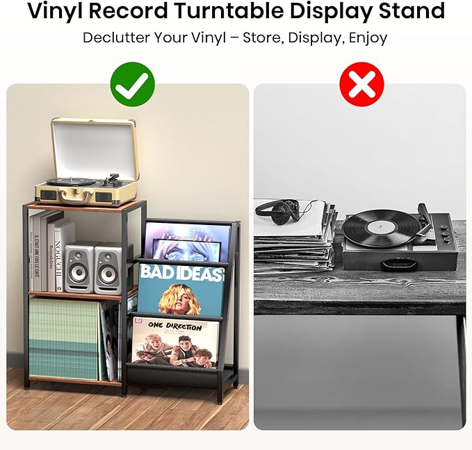 Record Player Stand, Turntable Stand with Vinyl Record Storage Holds up to 300+ Albums, 3-Tier Storage Cabinet And Table with Vinyl LP Display Shelf Holder, Turntable Cabinet Media Console for Living Room