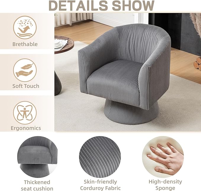 Swivel Accent Chair, Modern 360° Barrel Chair, Corduroy Upholstered Single Sofa for Living Room, Bedroom(Gray)