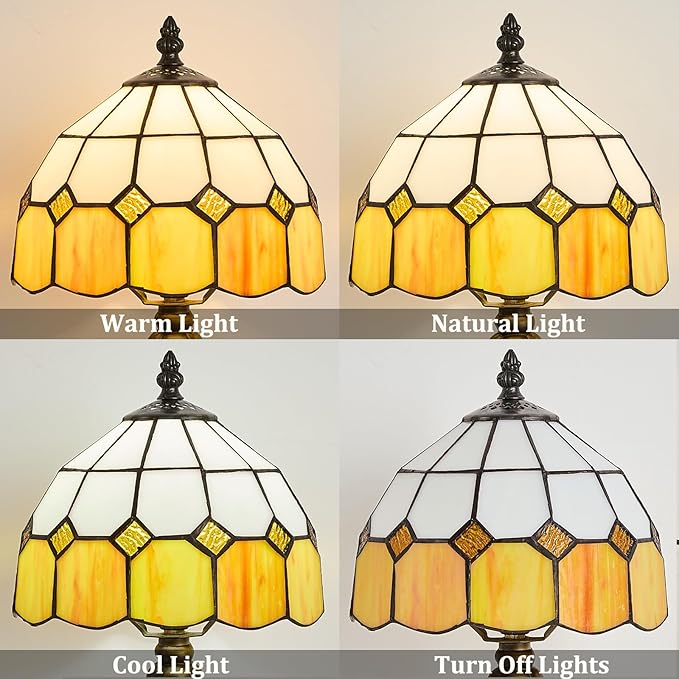 Table Lamp Tiffany-Style 8 Inch Mediterranean Series Stained Glass Lampshades Small Bedside Lamp Reading Antique Desk Light Livingroom Bedroom Office Vintage Art De(Color:Yellow)