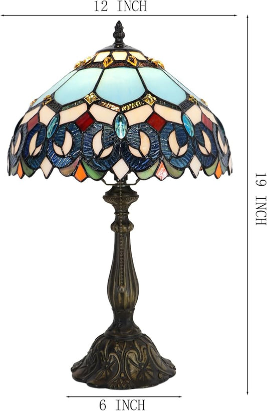 Tiffany Lamp Stained Glass Table Lamp Bedside Reading Light W12H19 Inches (Sapphire Style)