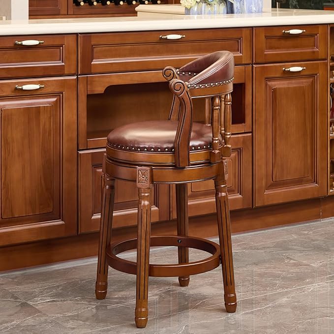 Cow top Leather Wooden Bar Stools, 26" Seat Height Bar Chair with Back, 180 Degrees Swivel Bar Stools Chair for Home Kitchen Counter,Restaurant,1pc (Brown-1pc, Counter Seat Height 26in)