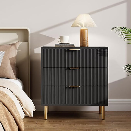 IDEALHOUSE Black Dresser, Modern 3 Drawer Dresser for Bedroom with Gold Handle and Large Drawer, Wood Double Chest of Drawers and Storage Organizer for Living Room, Hallway, Entryway