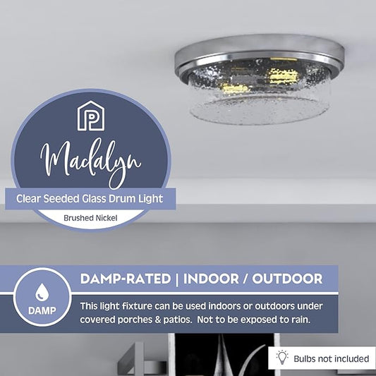 Prominence Home Madalyn 13" Brushed Nickel Flush Mount Clear Square Glass Drum Ceiling Light - 51540-01
