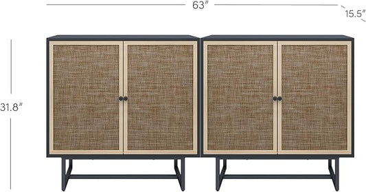 Nathan James Kova Rattan Wood Accent Sideboard Storage Cabinet TV Stand with Matte Metal Frame, Adjustable Shelves and Cane Doors, for Hallway, Entryway or Living Room, Black Oak/Cane, Set of 2