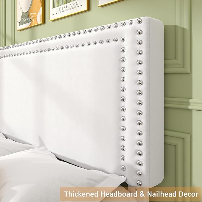 VECELO Twin Platform Bed Frame with Storage Drawer, Adjustable Velvet Rivet Headboard, Wooden Support, No Box Spring Needed, Easy Assembly