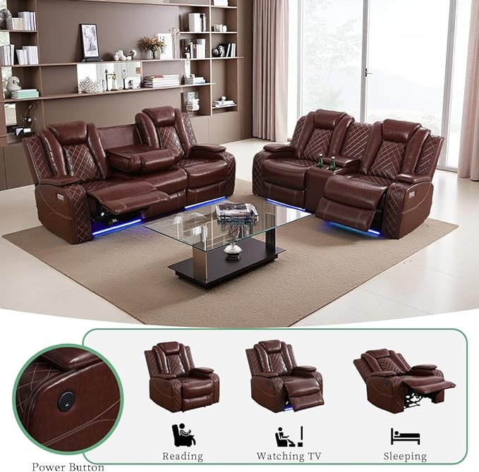 Living Room Furniture Set, Brown Breathing Leather Sofa Couch, Living Room Sofa Sets Power Recliner Loveseat with 4 Reclining Seats/Cup Holders/Storage Console/LED Light for Office, Home Theater