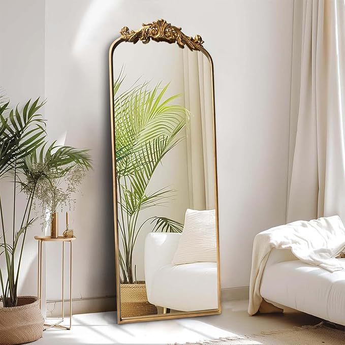 Full Length Wall Mirror Decorative Full Body Mirrors Traditional Antique Arched Farmhouse for Living Room Bedroom Entryway Bathroom Vanity (58X13 Inches, Gold)