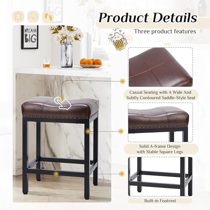 Bar Stools Set of 4, Upholstered Counter Height Stools with Padded Seats and Metal Base, Leather Saddle Stool for Modern Kitchen Island, 22.4-Inch, Brown