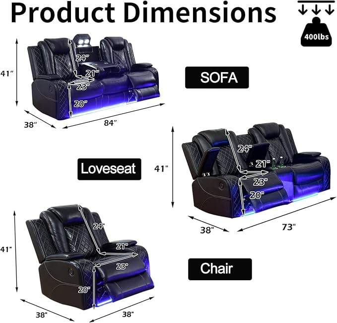 Power Leather Recliner Sofa Set with LED Light,Reclining Couch Set with USB Charger/Cup Holder/Storage,Leather Couch for Living Room Furniture Sets(3+2+1 Seats,Black)