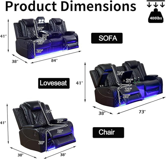 Power Leather Recliner Sofa Set with LED Light,Reclining Couch Set with USB Charger/Cup Holder/Storage,Leather Couch for Living Room Furniture Sets(3+2+1 Seats,Black)