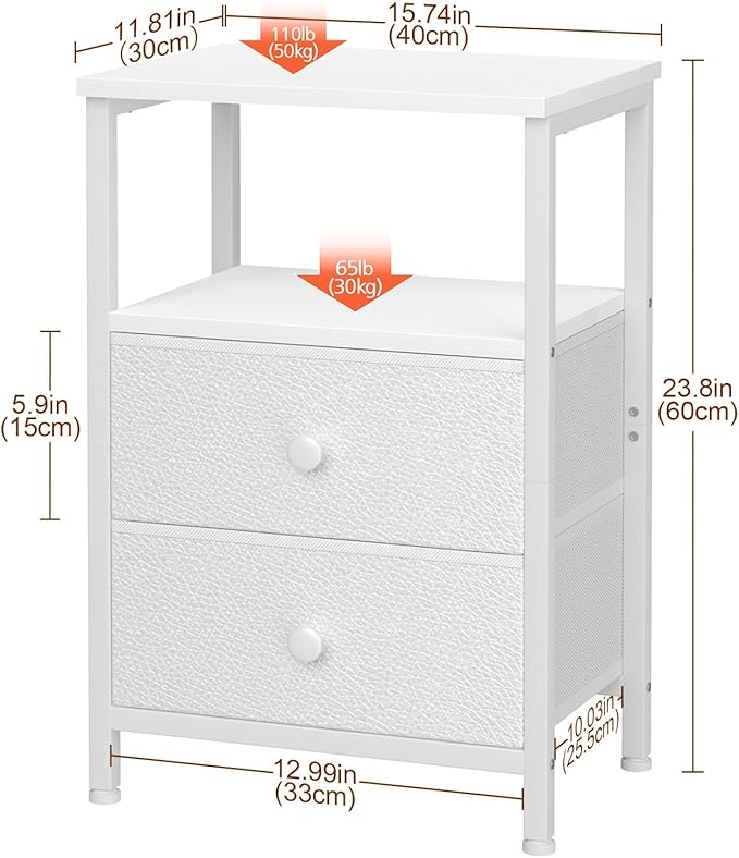 Night Stand for Bedroom, Nightstand with 2 Fabric Drawers, Small Bed Side Table Table with Open Storage Shelf for Living Room, White, HETS002WP-1