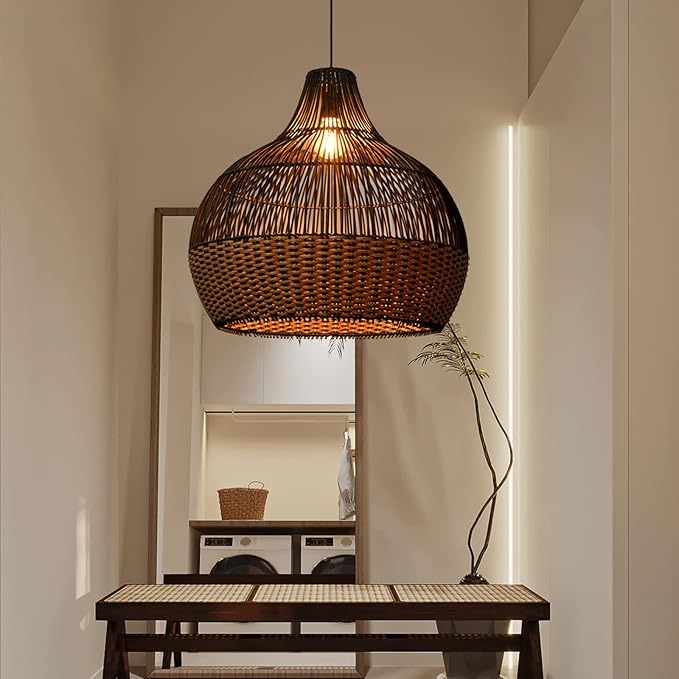 Arturesthome 1 Light Rattan Pendant Light Fixtures,Wicker Boho Black Basket Chandelier, Large Natural Woven Ceiling Hanging Lamp for Kitchen Island Dining Room W 23.5"*22.7"
