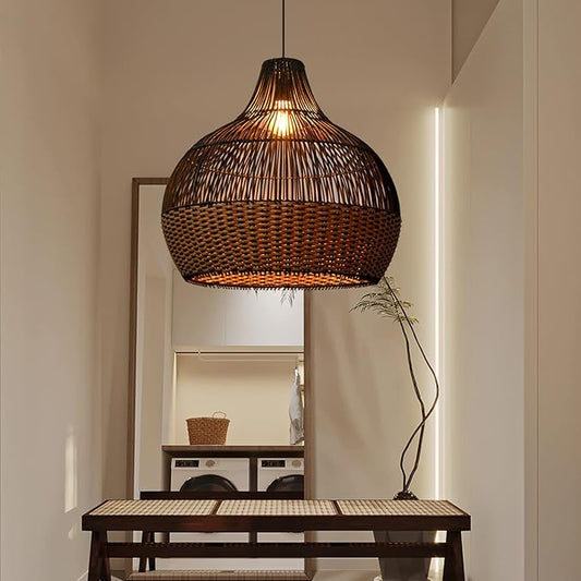 Arturesthome 1 Light Rattan Pendant Light Fixtures,Wicker Boho Black Basket Chandelier, Large Natural Woven Ceiling Hanging Lamp for Kitchen Island Dining Room W 23.5"*22.7"