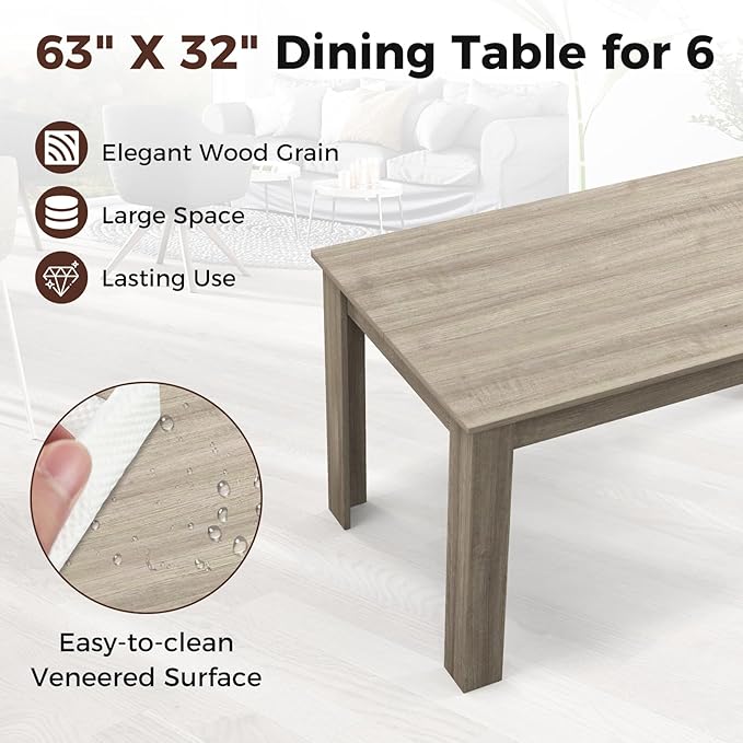 Moccha Wood Dining Table for 4-6 People, 63" Wood Rectangle Dinner Table, Modern Kitchen Table with L-Shaped Legs, 330lbs Weight Capacity, Farmhouse Dinette Desk for Dining Room, Living Room, Oak