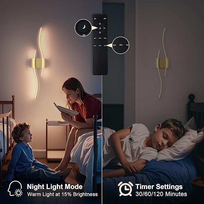 Battery Operated Wall Sconces Set of Two with Remote Control, Dimmable/3 Colors/Night-Light/Timer/Memory, Gold Modern Wireless LED Sconce for Living Room, Hallway, Bedroom, 27.5 Inch (2 Pack)