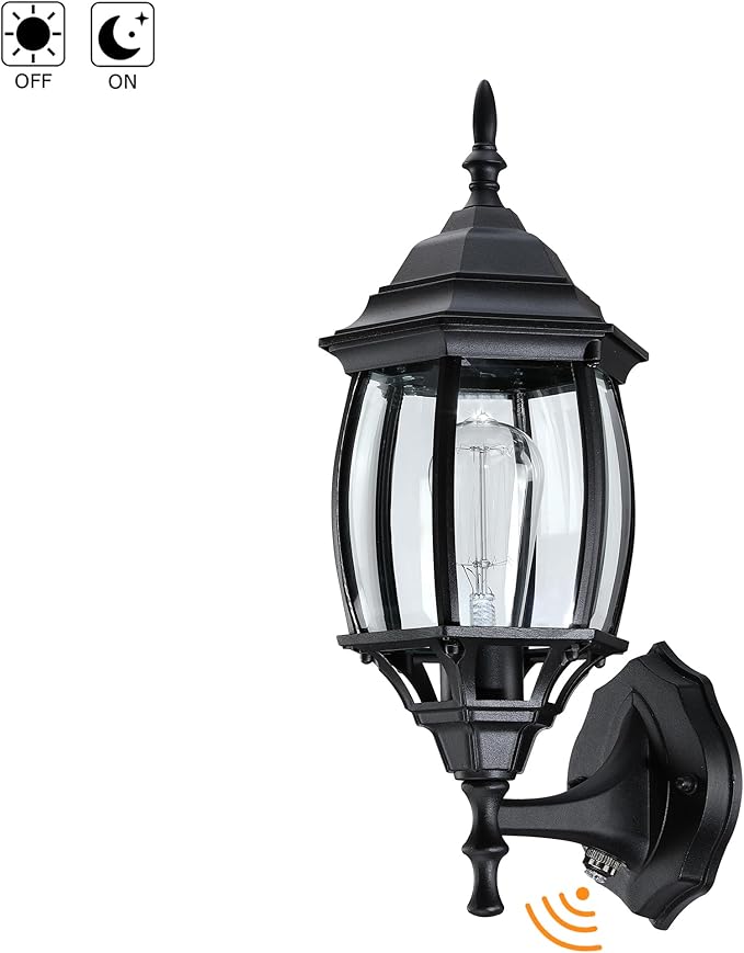 2 Pack Black Dusk to Dawn Outdoor Wall Lights - 16.8 Inch Garage Side Light for House Outside Dusk to Dawn Wall Lantern, Black Vintage Porch Sconce Light for Front Door,Entrance,Balcony,E26