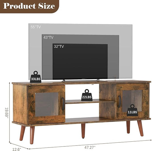 Wood TV Stand for 55 Inch TV, Mid Century Modern Entertainment Center with Adjustable Shelf, Sensor LED Light, 2 Cabinets, TV Media Console for Living Room Bedroom Rustic Brown