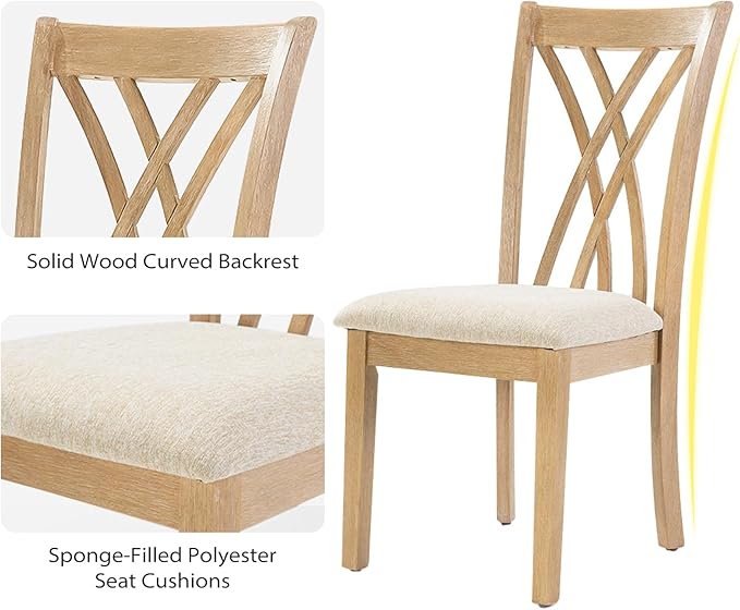 7-Piece Solid Wood Dining Table Set with 6 Upholstered Chairs, 60" L x 36" W Space Saving Dinner Table & Chairs Set, Dining Table Set for Dining Room, Kitchen, Restaurant, Natural Wood Color