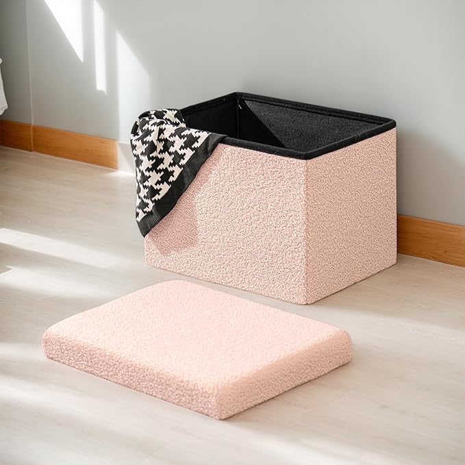 16.5 Inches Small Storage Ottoman - Square Ottoman with Sherpa Top,Storage Bench for Bedroom,16.5" D x 12.6" W x 12.6" H- Pink